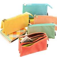 Fashion Creative Candy Color Three Layer Large Capacity Zipper Canvas Multi-functional Stationery Pencil Pen Case Bag