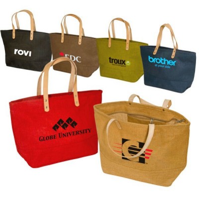 Factory hot-selling jute tote bags with leather handles