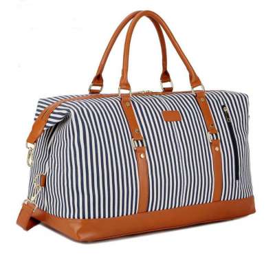 Stripe Women PU Leather Travel Duffel Weekender Overnight Oversized Bag Carry on Shoulder Tote Bag Canvas Bag